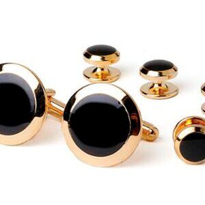 Jet Black Wide Band Studs and Cufflinks Set Gold Trim